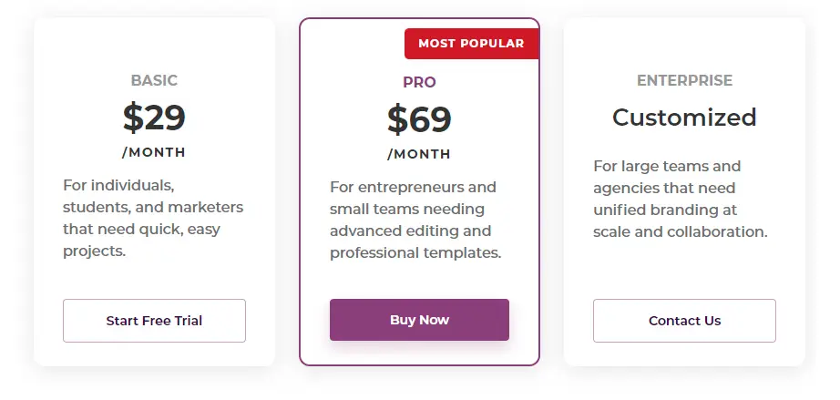 Designs.ai Pricing - $29 / $69 per month