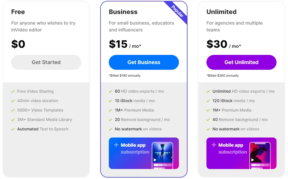 InVideo Pricing - Free / $15 / $30 per month