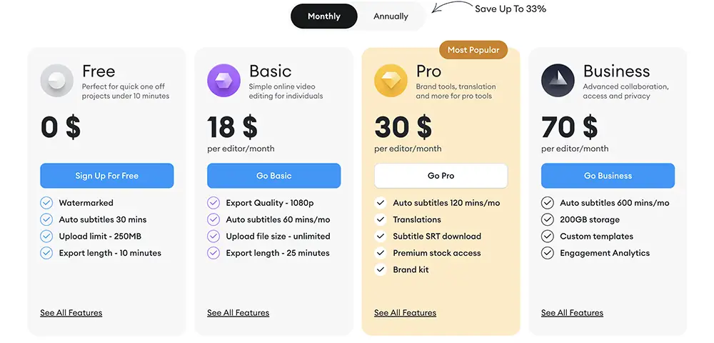 Veed.IO Pricing - Free / $18 / $30 / $70 per month