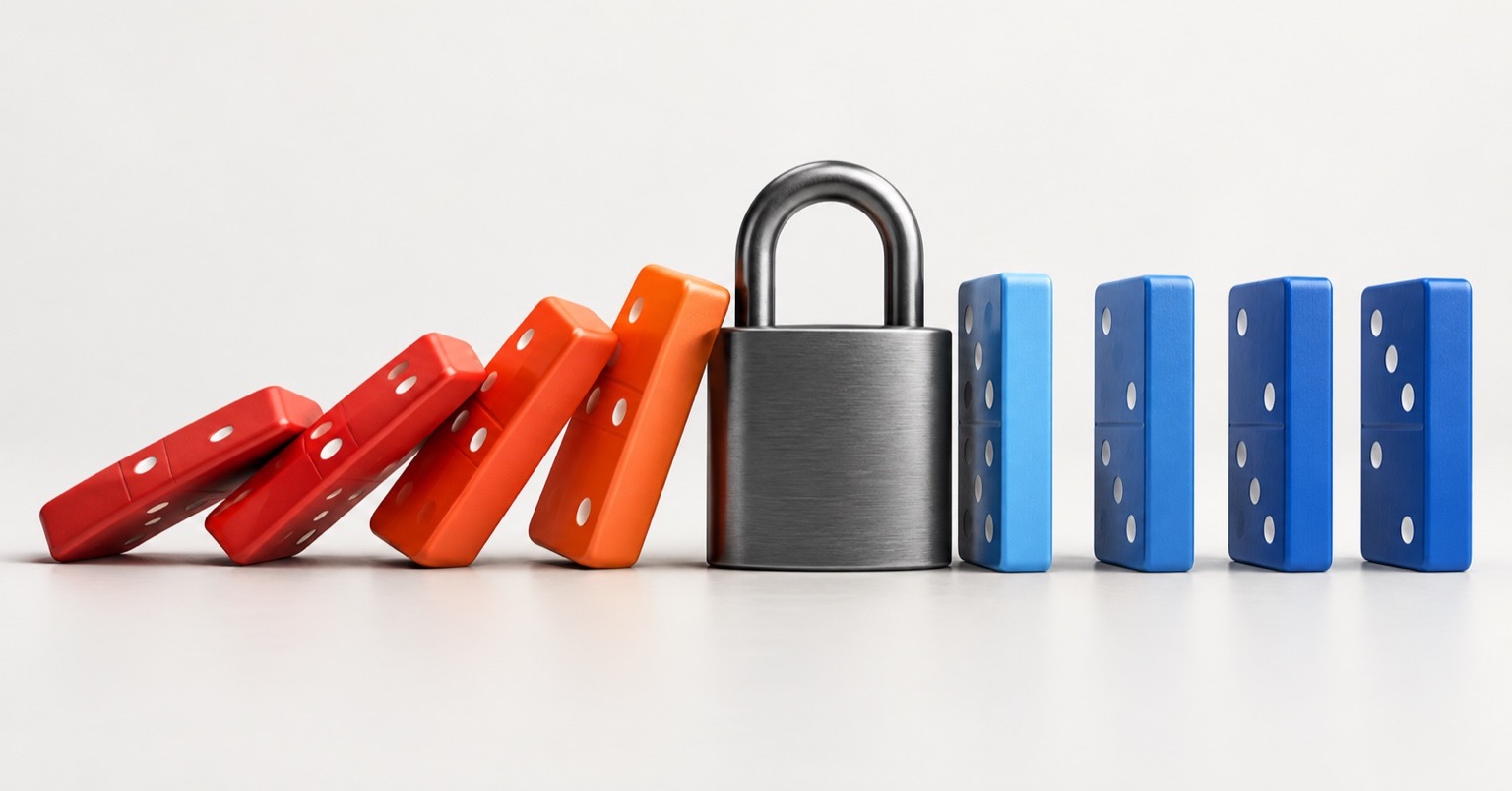 AI video workflow showing a domino chain stopped by a lock before costly revisions spread